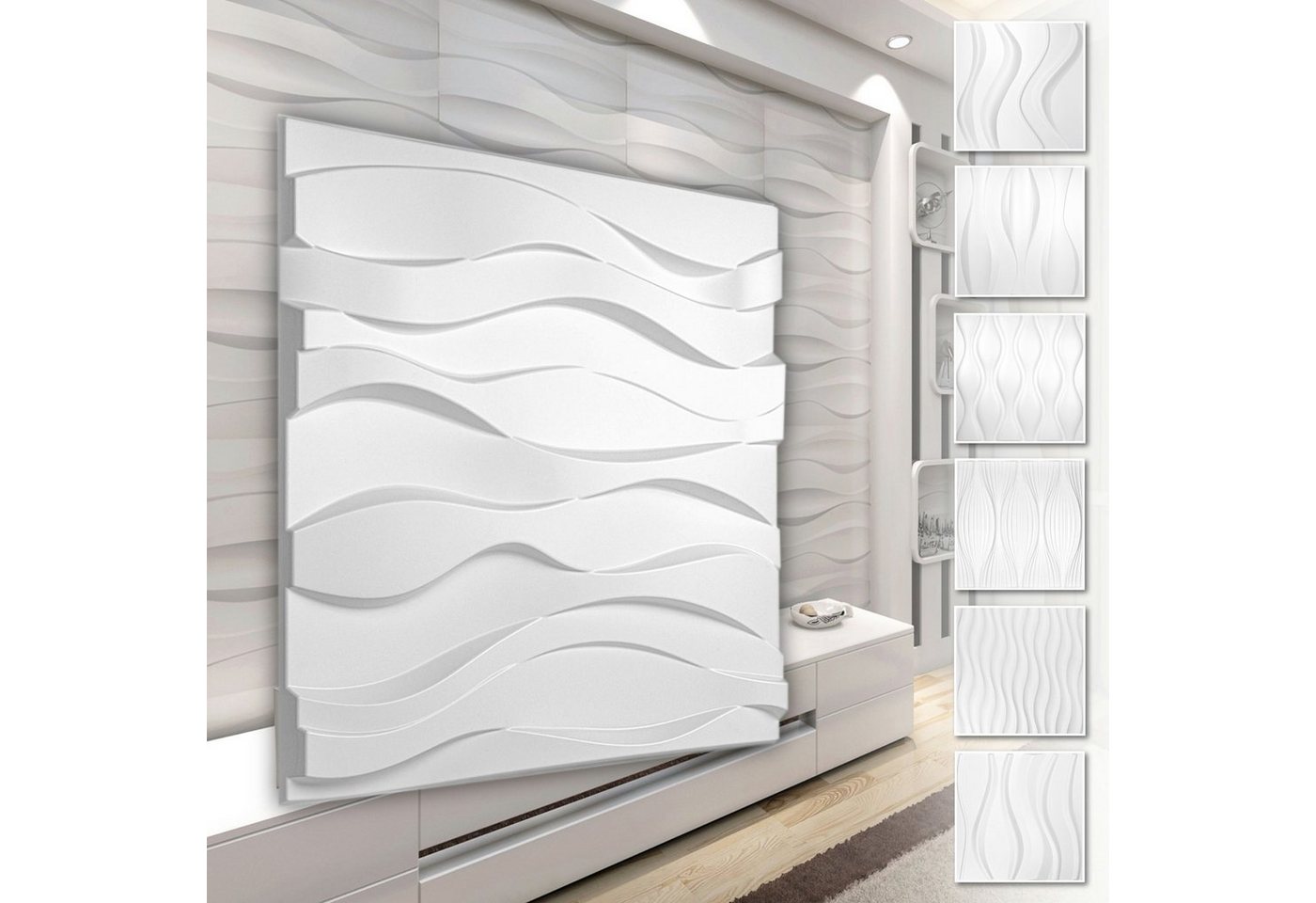 Hexim Wanddekoobjekt HD124 (PVC Kunststoff - weiße Wandverkleidung mit 3D Optik - Wave Motive (0.25 qm 1 Platte) Wandtattoos modern Iso Paneele) von Hexim