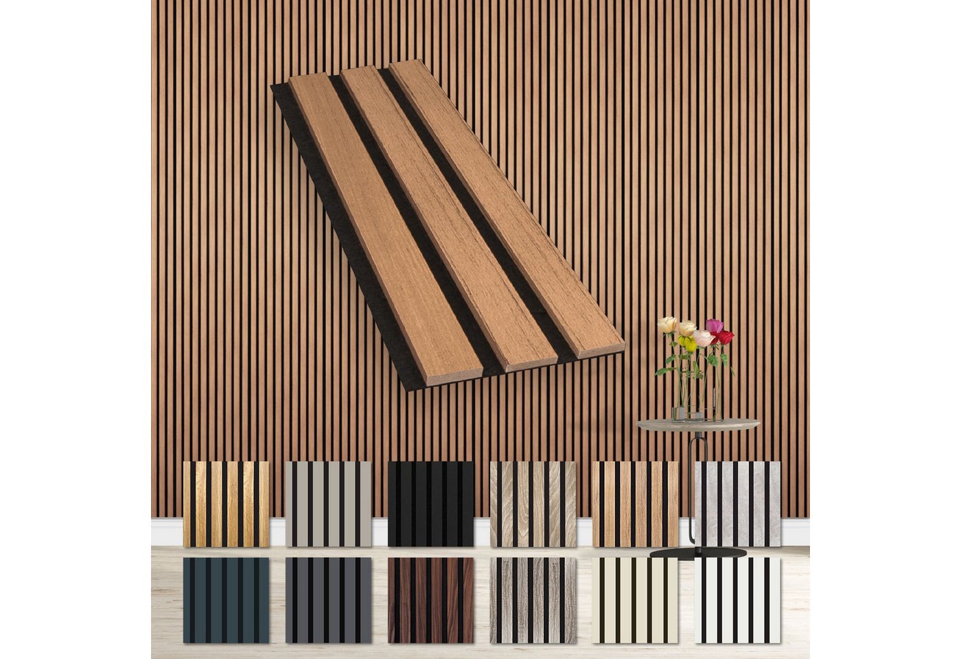 Hexim Wanddekoobjekt Teak (Akustikpaneele Musterstück - flexible Lamellenwand Holz MDF Wandpaneele Lamellenverkleidung Wandverkleidung Innendekoration schalldämmend (Teak - AP09 / APH09 Musterstück) von Hexim