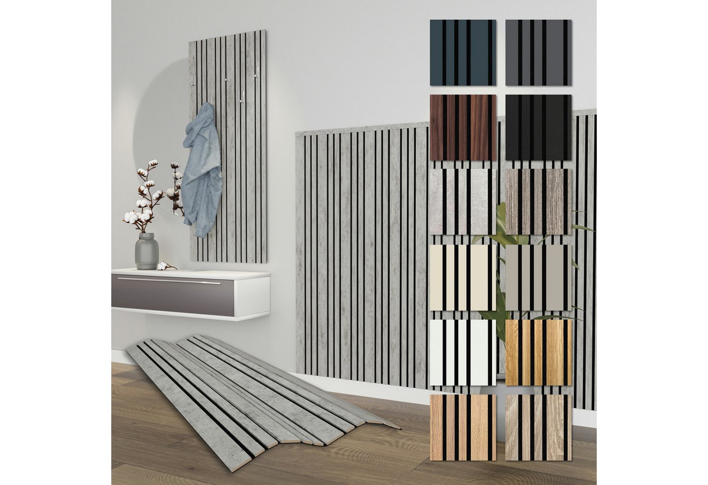 Hexim Wandpaneel, (Akustikpaneele Holz 138,5x60cm Mila - flexible Holzpaneele 4er Set (3,32m) Wanddeko Wand Kombipaneel Wandverkleidung Schalldämmung Akustikfilz grau Chicago Concrete) von Hexim