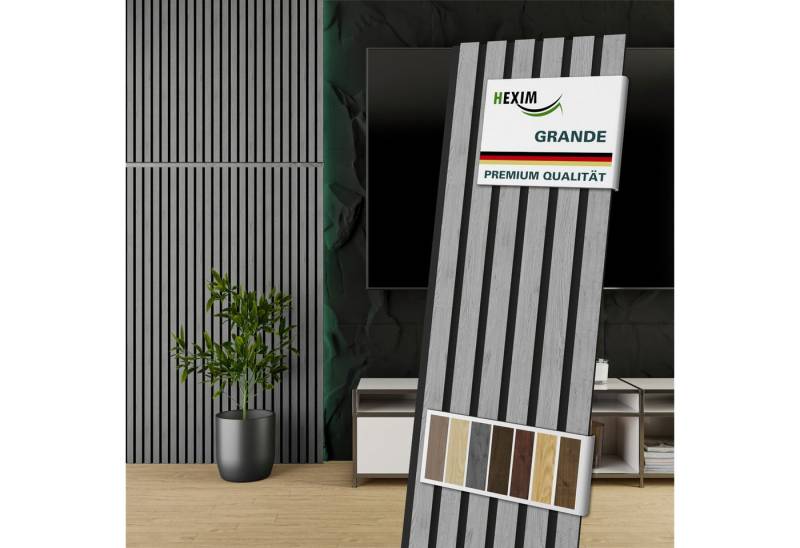 Hexim Wandpaneel, (Akustikpaneele 10 Stück 140x30cm Holz Grande - Holzpaneele Platten Lamellen Wandverkleidung Echtholzfurnier 21mm Filz Schalldämmung MDF Grau 4,19m² Grey Oak) von Hexim