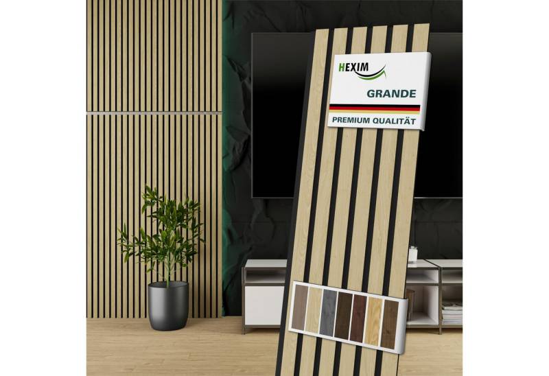 Hexim Wandpaneel, (Akustikpaneele 10 Stück 140x30cm Holz Grande - Holzpaneele Platten Lamellen Wandverkleidung Echtholzfurnier 21mm Filz Schalldämmung MDF Hellbraun 4,19m² Light Oak) von Hexim