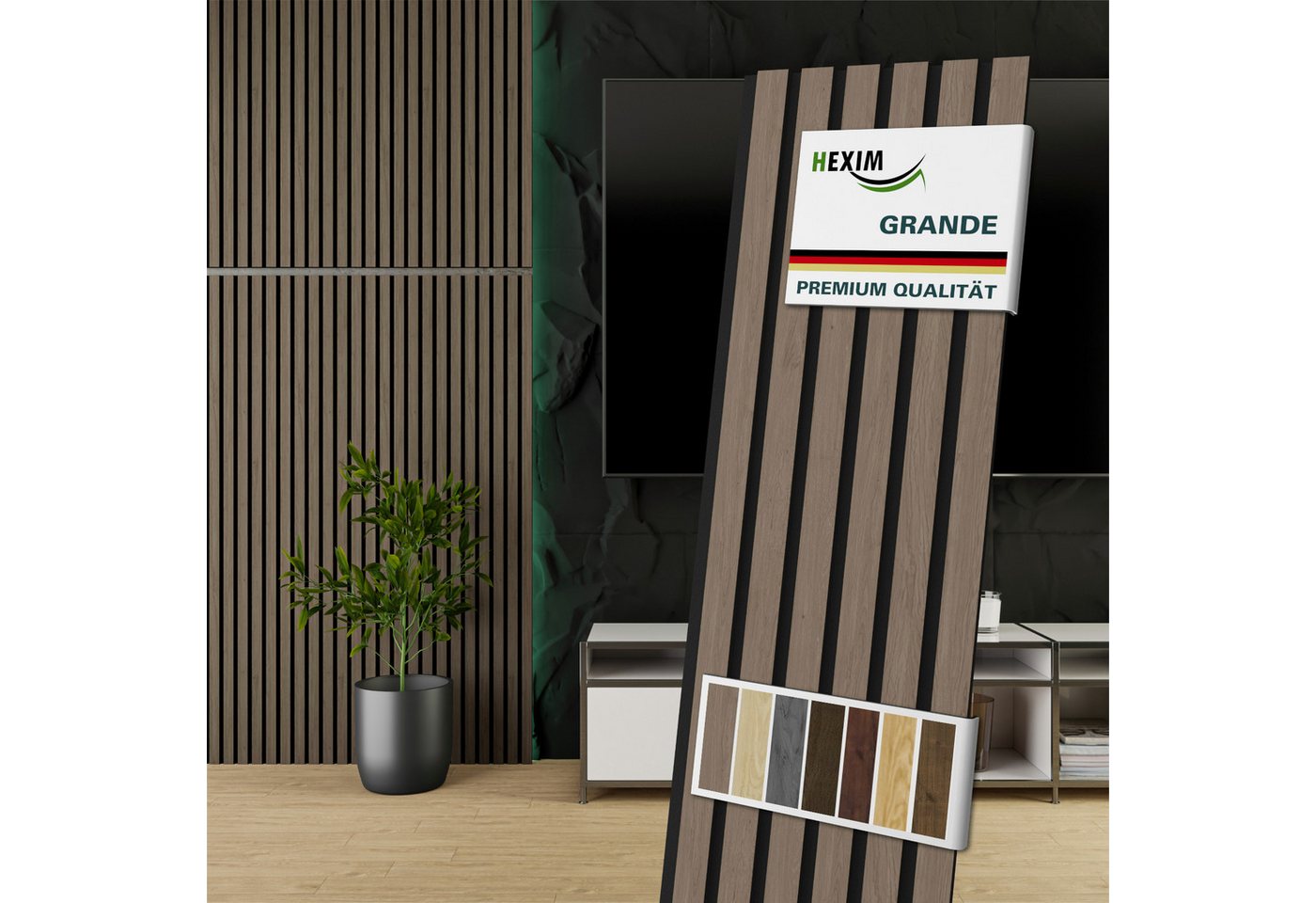 Hexim Wandpaneel, (Akustikpaneele 6 Stück 140x30cm Holz Grande - Holzpaneele Platten Lamellen Wandverkleidung Echtholzfurnier 21mm Filz Schalldämmung MDF Braun 2,52m² American Walnut) von Hexim