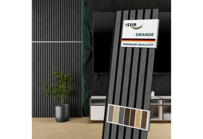 Hexim Wandpaneel, (Akustikpaneele 6 Stück 140x30cm Holz Grande - Holzpaneele Platten Lamellen Wandverkleidung Echtholzfurnier 21mm Filz Schalldämmung MDF Grau 2,52m² Grey Ash) von Hexim
