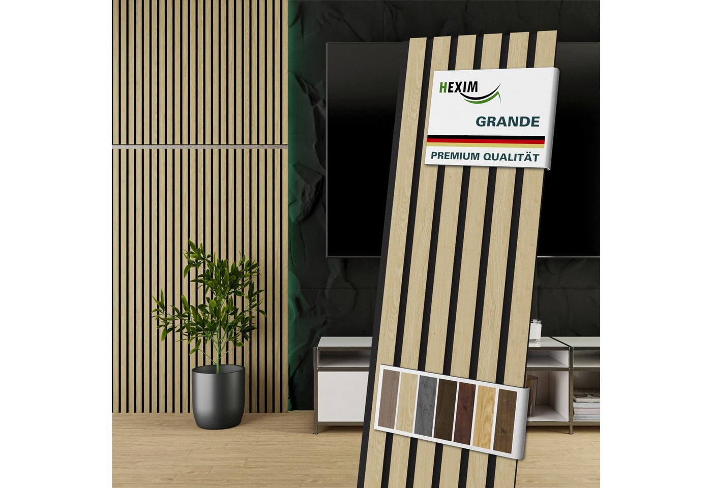 Hexim Wandpaneel, (Akustikpaneele 6 Stück 140x30cm Holz Grande - Holzpaneele Platten Lamellen Wandverkleidung Echtholzfurnier 21mm Filz Schalldämmung MDF Hellbraun 2,52m² Light Oak) von Hexim