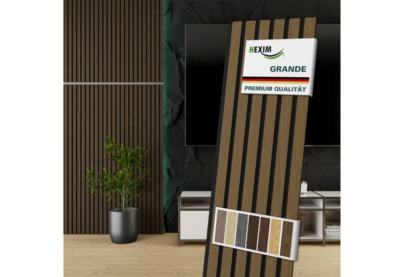 Hexim Wandpaneel, (Akustikpaneele 8 Stück 140x30cm Holz Grande - Holzpaneele Platten Lamellen Wandverkleidung Echtholzfurnier 21mm Filz Schalldämmung MDF Braun 3,35m² Smoked Oak) von Hexim
