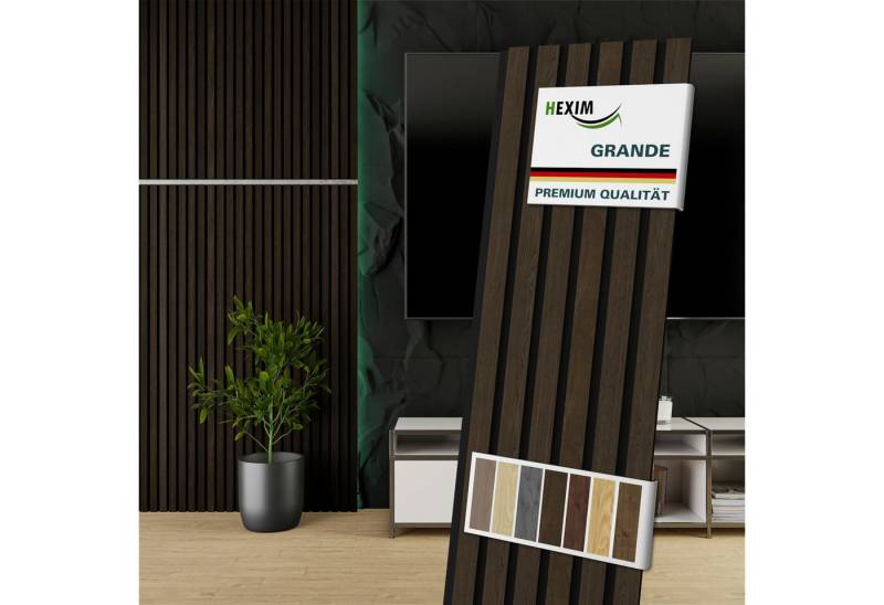 Hexim Wandpaneel, (Akustikpaneele 8 Stück 140x30cm Holz Grande - Holzpaneele Platten Lamellen Wandverkleidung Echtholzfurnier 21mm Filz Schalldämmung MDF Braun 3,35m² Dark Smoked Oak) von Hexim