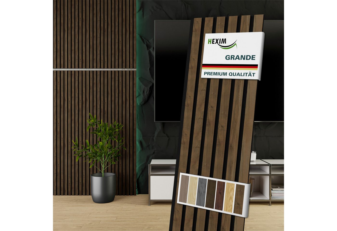 Hexim Wandpaneel, (Akustikpaneele Holz 140x30cm Grande - 8er Set (3,355m) Holzpaneele 21mm Schalldämmung MDF Akustikfilz Wandverkleidung Lamellenwand Hellbraun Light Walnut) von Hexim