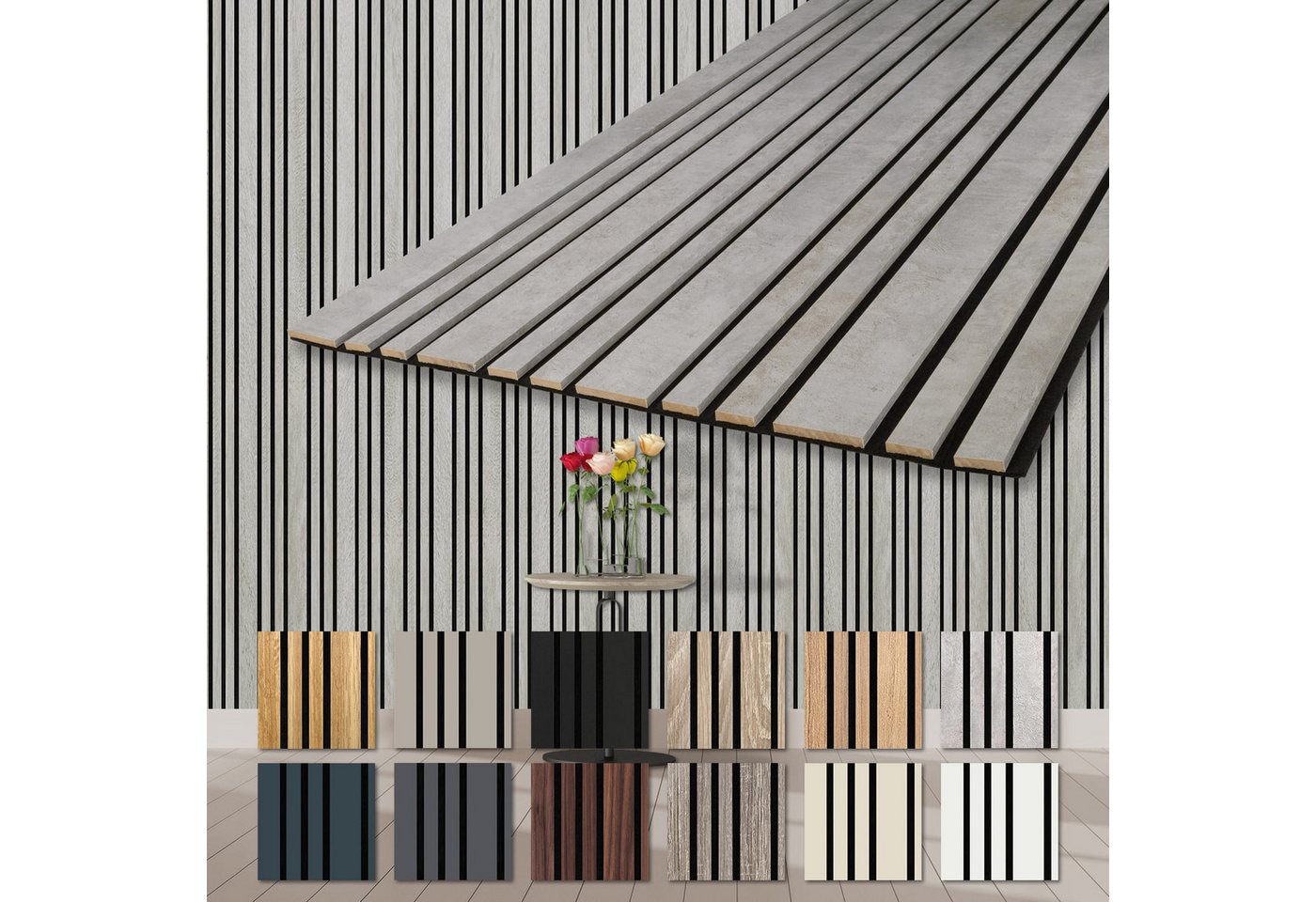 Hexim Wandpaneel, (Akustikpaneele 2 Stück 278x60cm Holz Mila - flexible Holzpaneele Platten Wanddeko Wand Kombipaneel Wandverkleidung Schalldämmung Akustikfilz grau 3.34m² Chicago Concrete) von Hexim
