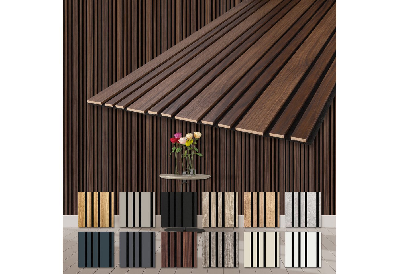 Hexim Wandpaneel, (Akustikpaneele 2 Stück 278x60cm Holz Mila - flexible Holzpaneele Platten Wanddeko Wand Kombipaneel Wandverkleidung Schalldämmung Akustikfilz braun 3.34m² Catania Oak) von Hexim