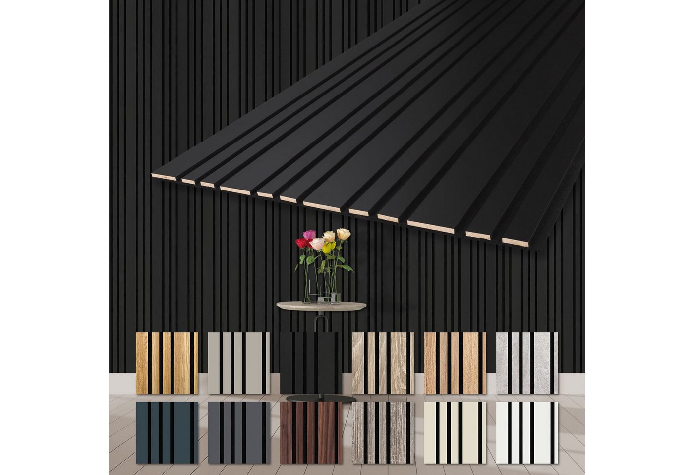 Hexim Wandpaneel, (Akustikpaneele 2 Stück 278x60cm Holz Mila - flexible Holzpaneele Platten Wanddeko Wand Kombipaneel Wandverkleidung Schalldämmung Akustikfilz schwarz 3.34m² Black Edition) von Hexim