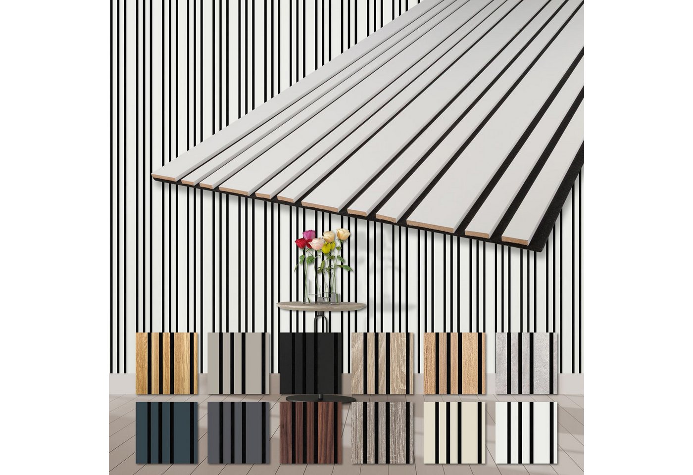 Hexim Wandpaneel, (Akustikpaneele Holz 278x60cm Mila - flexible Holzpaneele 2er Set (3,34m) Wanddeko Wand Kombipaneel Wandverkleidung Schalldämmung Akustikfilz weiß White) von Hexim