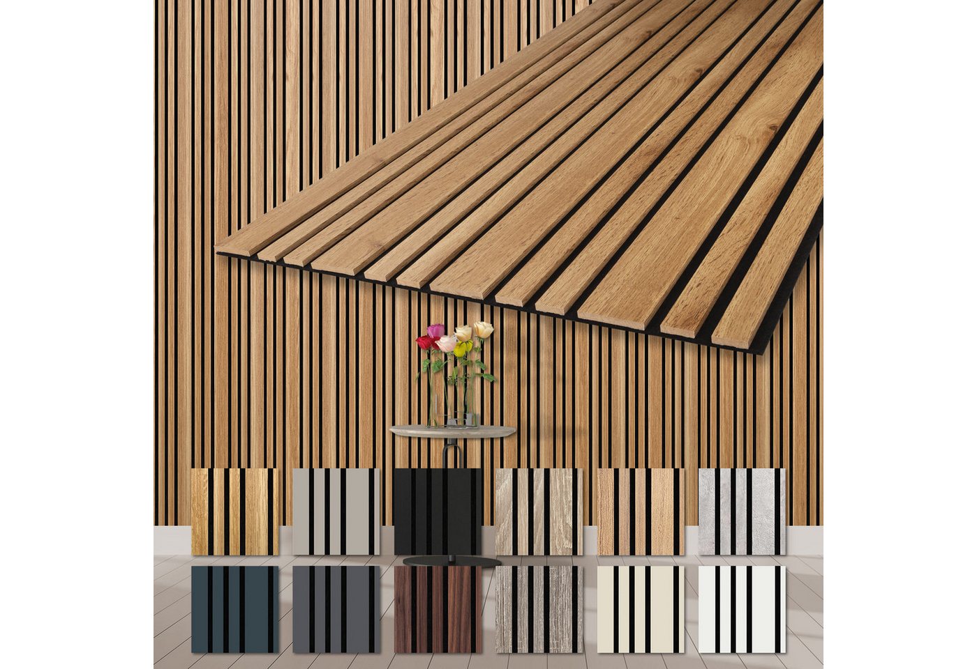 Hexim Wandpaneel, (Akustikpaneele Holz 278x60cm Mila - flexible Holzpaneele 4er Set (6,68m) Wanddeko Wand Kombipaneel Wandverkleidung Schalldämmung Akustikfilz braun Pecan) von Hexim