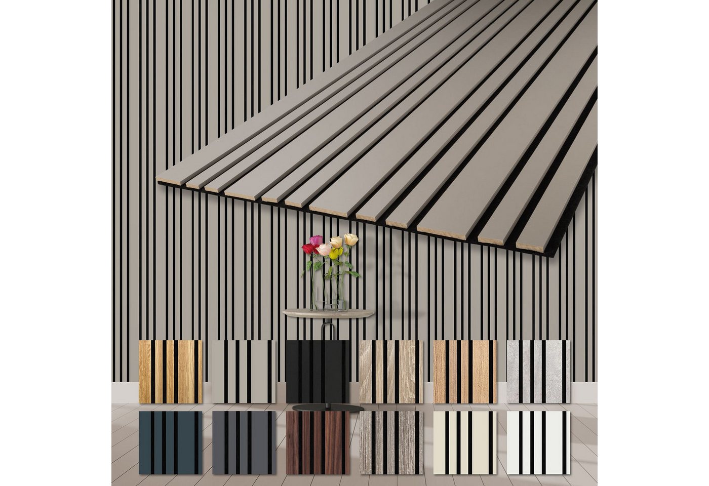Hexim Wandpaneel, (Akustikpaneele Holz 278x60cm Mila - flexible Holzpaneele 4er Set (6,68m) Wanddeko Wand Kombipaneel Wandverkleidung Schalldämmung Akustikfilz grau Sandgrey) von Hexim