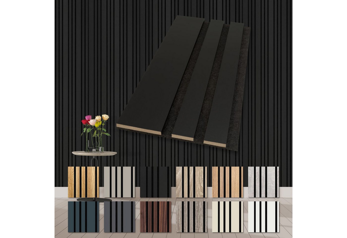 Hexim Wandpaneel, (Akustikpaneele Holz Musterstück Mila - flexible Holzpaneele Wanddeko Wand Kombipaneel Wandverkleidung innen Schalldämmung Akustikfilz schwarz Black Edition) von Hexim