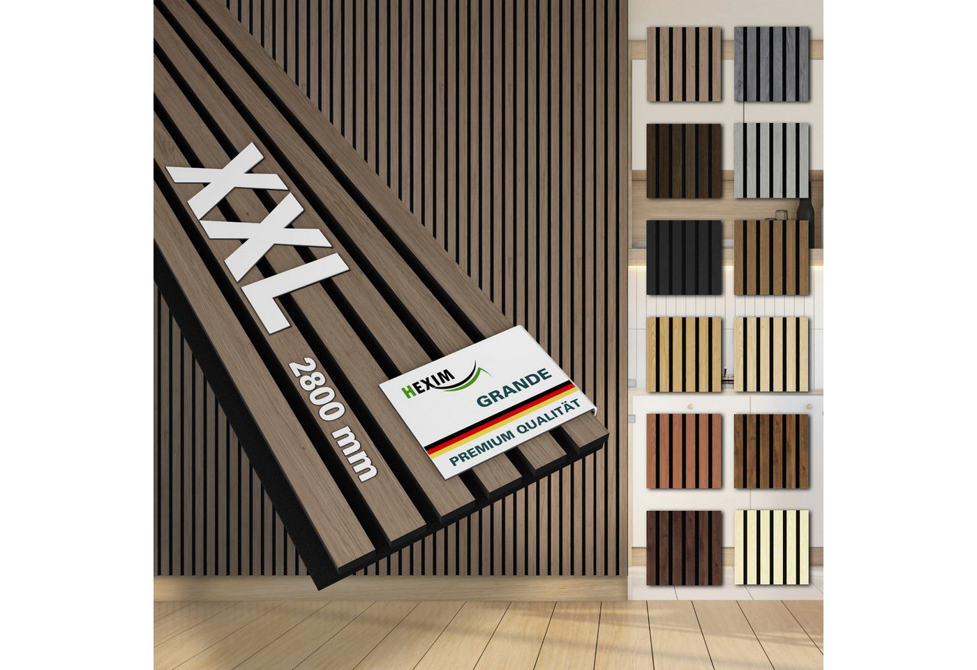 Hexim Wandpaneel, (Akustikpaneele 280x30cm Holzpaneele Grande Lamellen XXL Wandverkleidung Wand 21mm Filz Schalldämmung Holz MDF Braun (10 Paneele / 8,414m² American Walnut) von Hexim