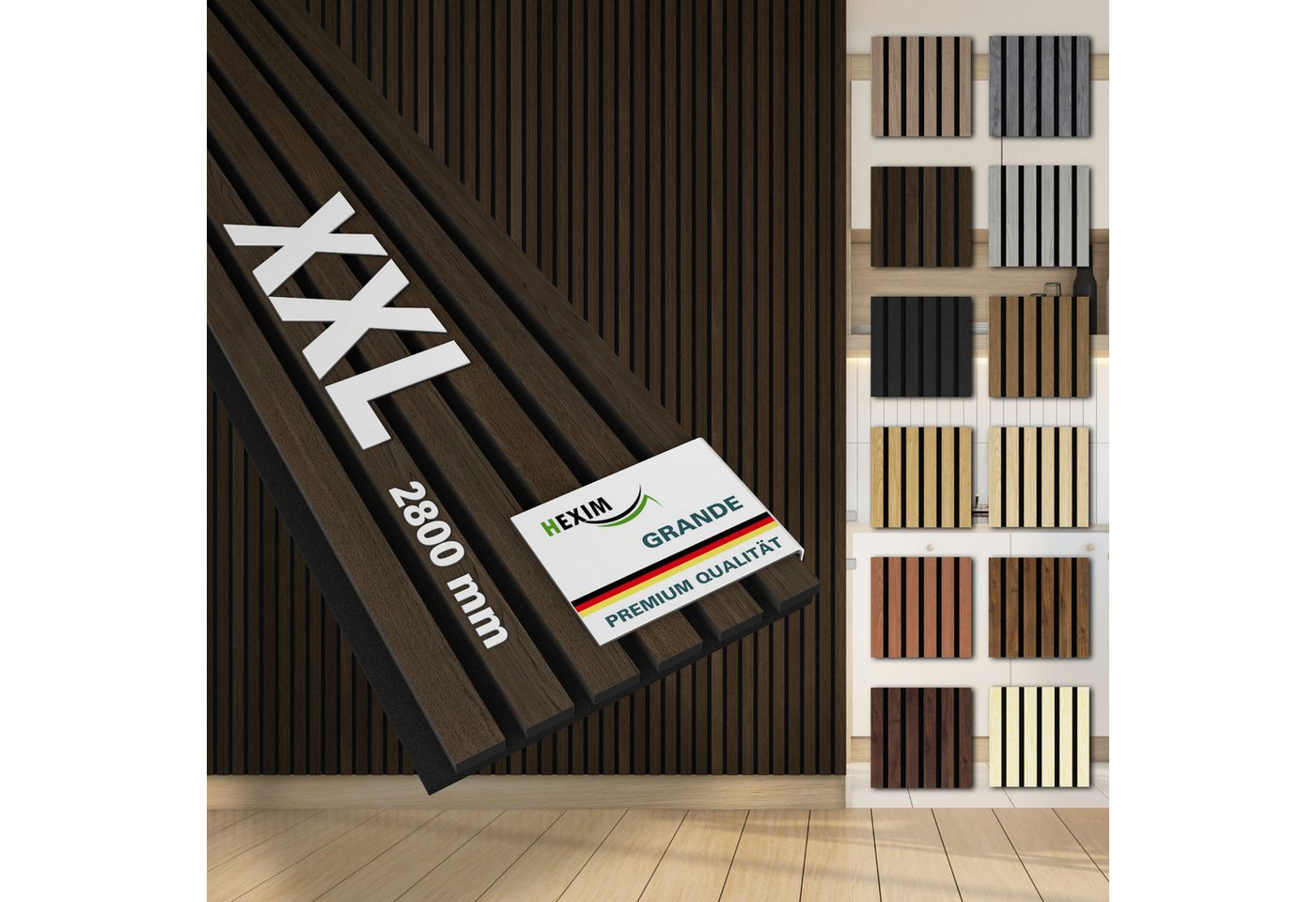 Hexim Wandpaneel, (Akustikpaneele 280x30cm Holzpaneele Grande Lamellen XXL Wandverkleidung Wand 21mm Filz Schalldämmung Holz MDF Dunkelbraun (4 Paneele / 3,374m² Dark Smoked Oak) von Hexim