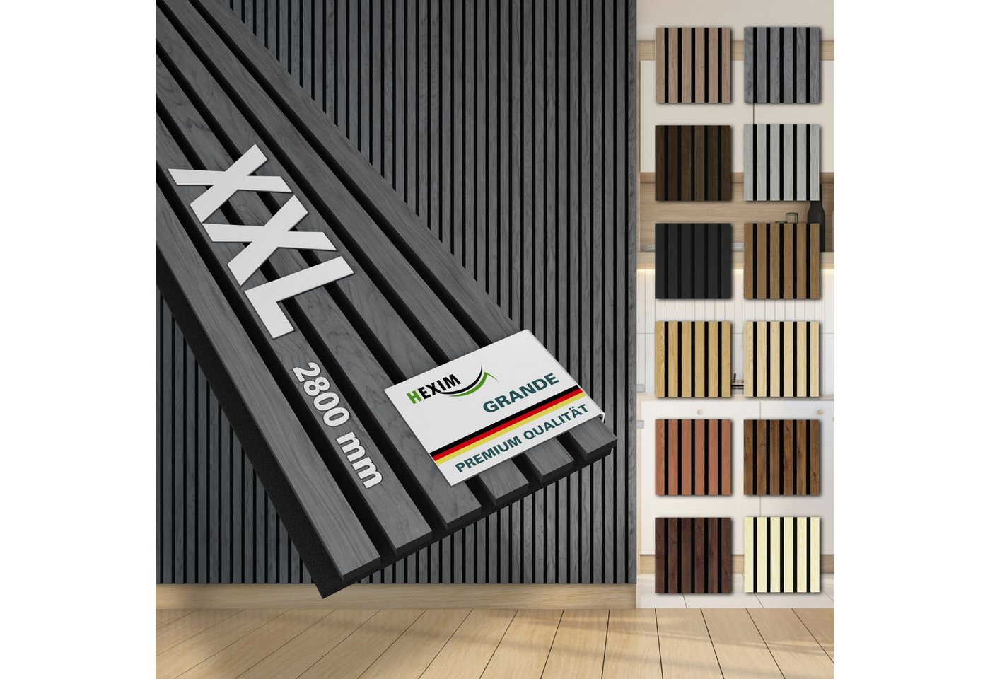 Hexim Wandpaneel, (Akustikpaneele 280x30cm Holzpaneele Grande Lamellen XXL Wandverkleidung Wand 21mm Filz Schalldämmung Holz MDF Grau (10 Paneele / 8,414m² Grey Ash) von Hexim