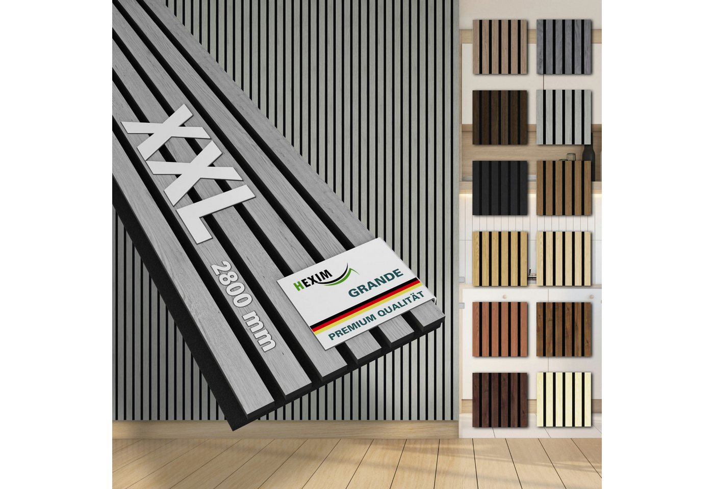 Hexim Wandpaneel, (Akustikpaneele 8 Stück 280x30cm Holz Grande - XXL Holzpaneele Platten Lamellen Wandverkleidung Echtholzfurnier 21mm Filz Schalldämmung MDF Grau 6,73m² Grey Oak) von Hexim