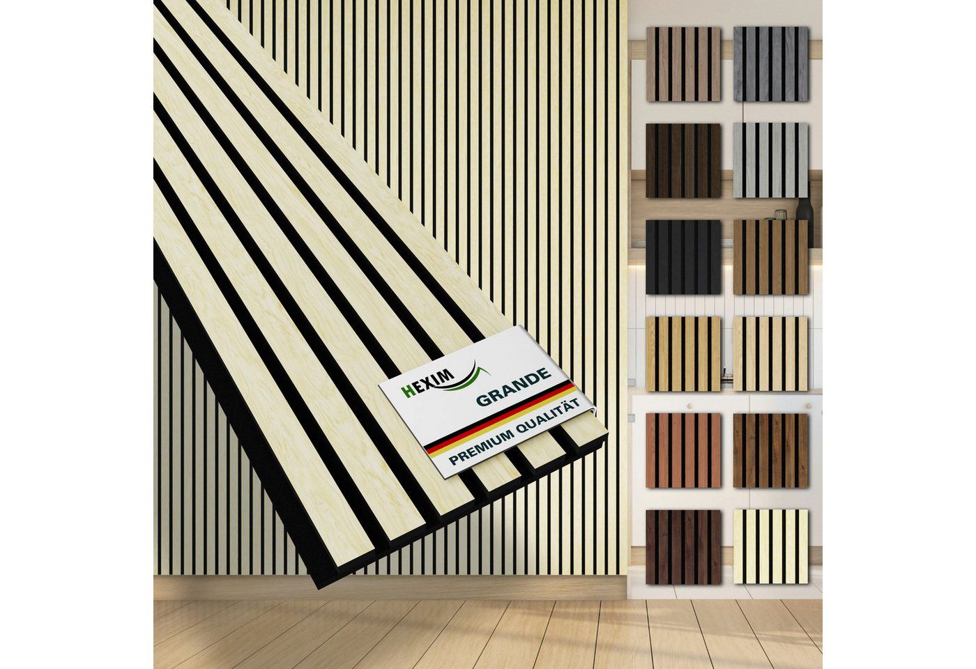 Hexim Wandpaneel, (Akustikpaneele Musterstück Holzpaneele Grande Lamellen XXL Wandverkleidung Wand 21mm Filz Schalldämmung Holz MDF Beige (Light Ash) von Hexim