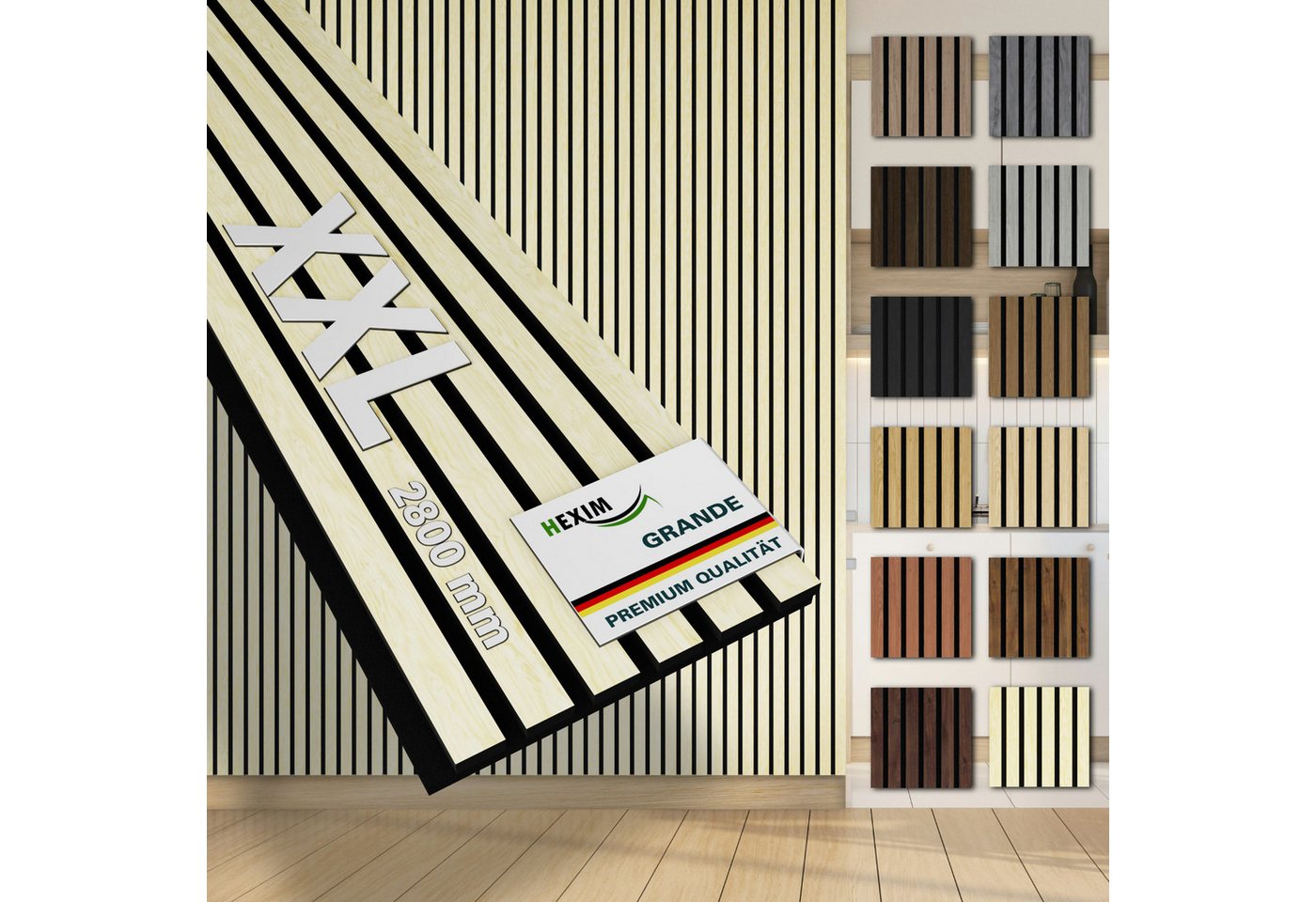 Hexim Wandpaneel, (Akustikpaneele 6 Stück 280x30cm Holz Grande - XXL Holzpaneele Platten Lamellen Wandverkleidung Echtholzfurnier 21mm Filz Schalldämmung MDF Elfenbein 5,05m² Light Ash) von Hexim