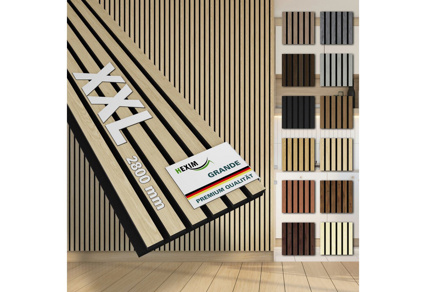 Hexim Wandpaneel, (Akustikpaneele 6 Stück 280x30cm Holz Grande - XXL Holzpaneele Platten Lamellen Wandverkleidung Echtholzfurnier 21mm Filz Schalldämmung MDF Hellbraun 5,05m² Light Oak) von Hexim