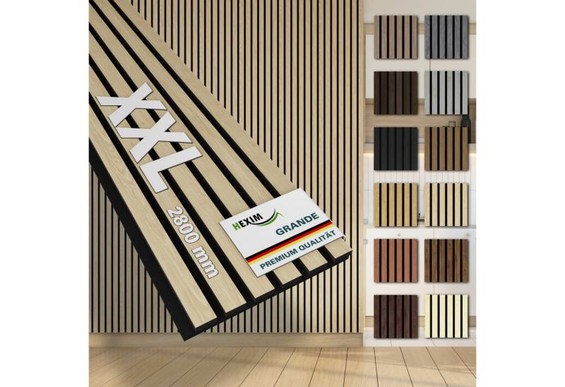 Hexim Wandpaneel, (Akustikpaneele 6 Stück 280x30cm Holz Grande - XXL Holzpaneele Platten Lamellen Wandverkleidung Echtholzfurnier 21mm Filz Schalldämmung MDF Hellbraun 5,05m² Light Oak) von Hexim