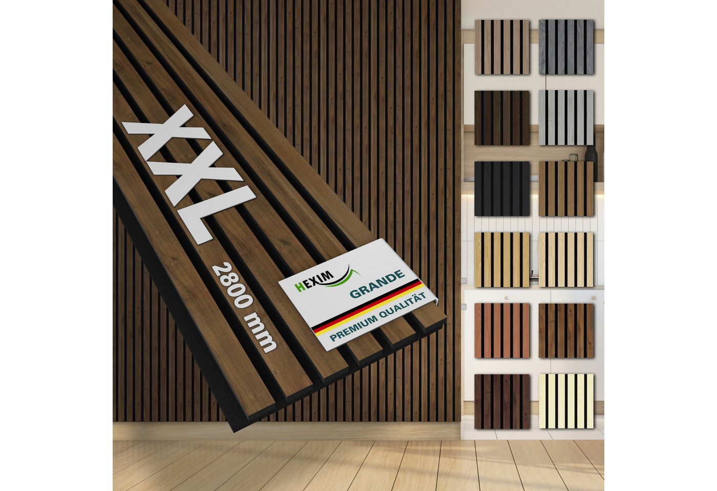 Hexim Wandpaneel, (Akustikpaneele 280x30cm Holzpaneele Grande Lamellen XXL Wandverkleidung Wand 21mm Filz Schalldämmung Holz MDF Hellbraun (6 Paneele / 5,054m² Light Walnut) von Hexim