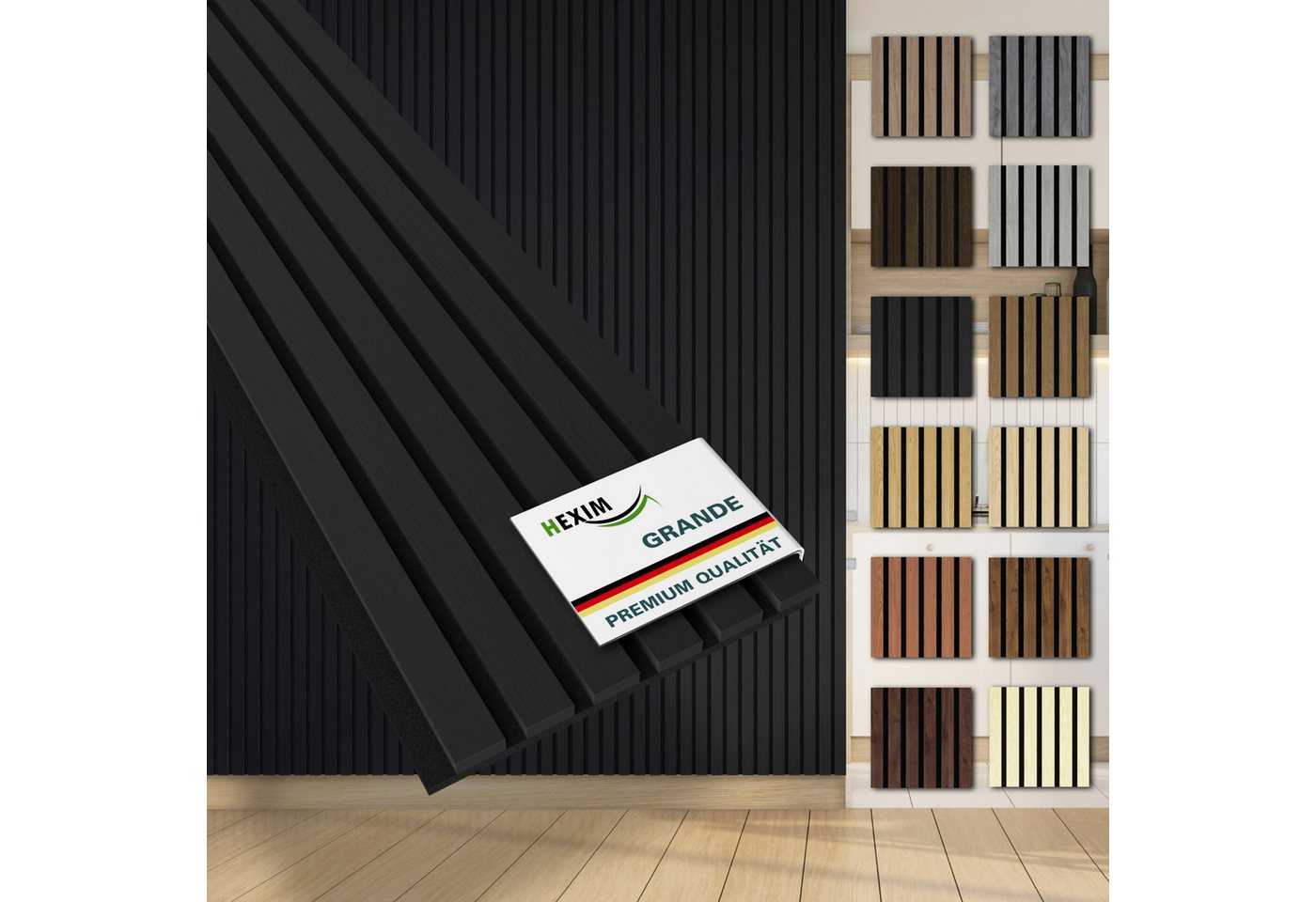Hexim Wandpaneel, (Akustikpaneele Musterstück Holzpaneele Grande Lamellen XXL Wandverkleidung Wand 21mm Filz Schalldämmung Holz MDF Schwarz (Black Ash) von Hexim