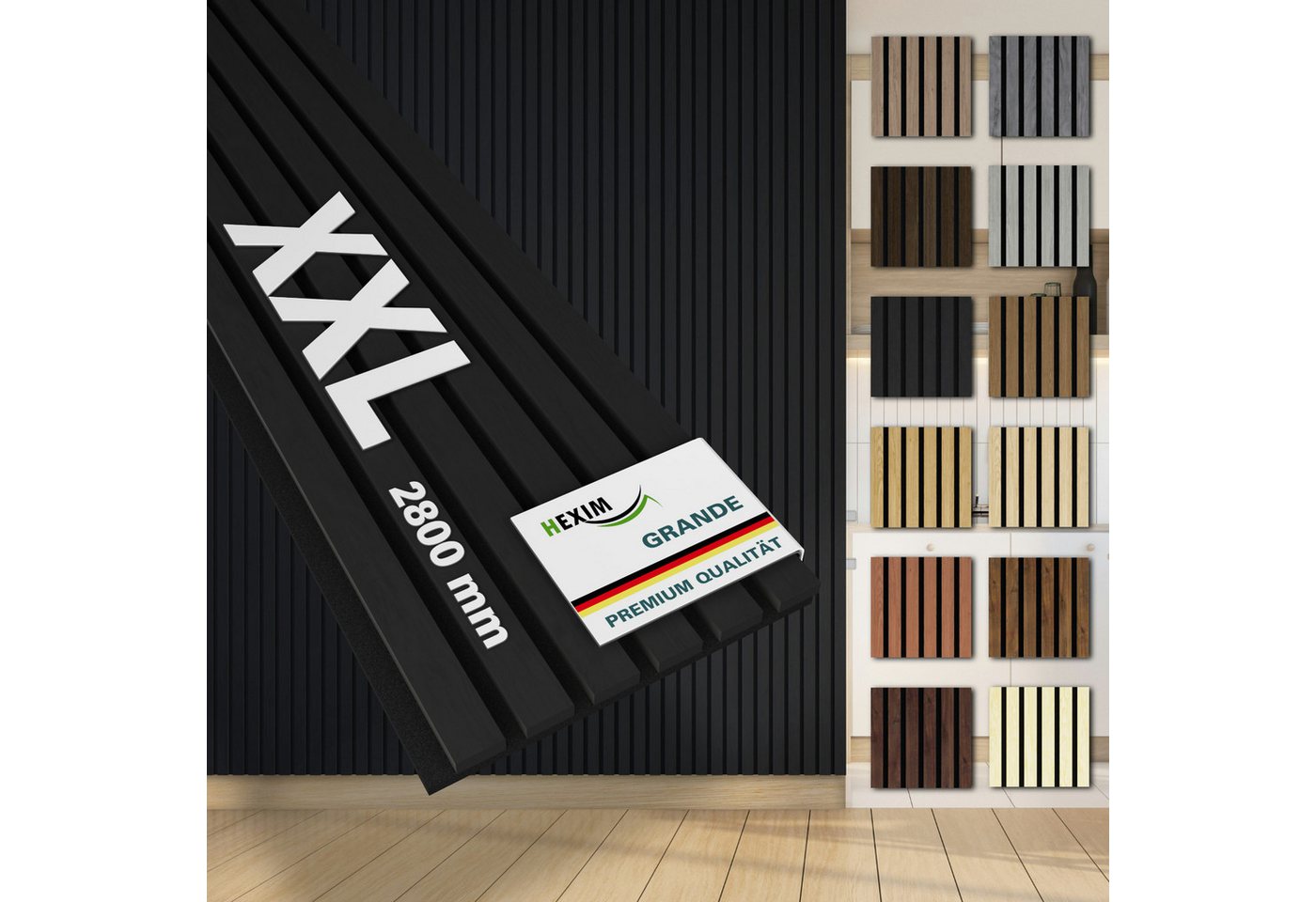 Hexim Wandpaneel, (Akustikpaneele 280x30cm Holzpaneele Grande Lamellen XXL Wandverkleidung Wand 21mm Filz Schalldämmung Holz MDF Schwarz (6 Paneele / 5,054m² Black Ash) von Hexim
