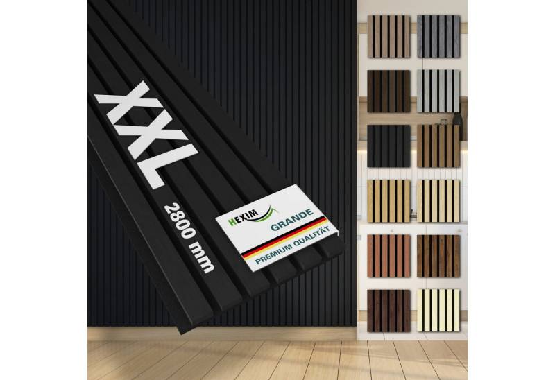 Hexim Wandpaneel, (Akustikpaneele 280x30cm Holzpaneele Grande Lamellen XXL Wandverkleidung Wand 21mm Filz Schalldämmung Holz MDF Schwarz (6 Paneele / 5,054m² Black Ash) von Hexim