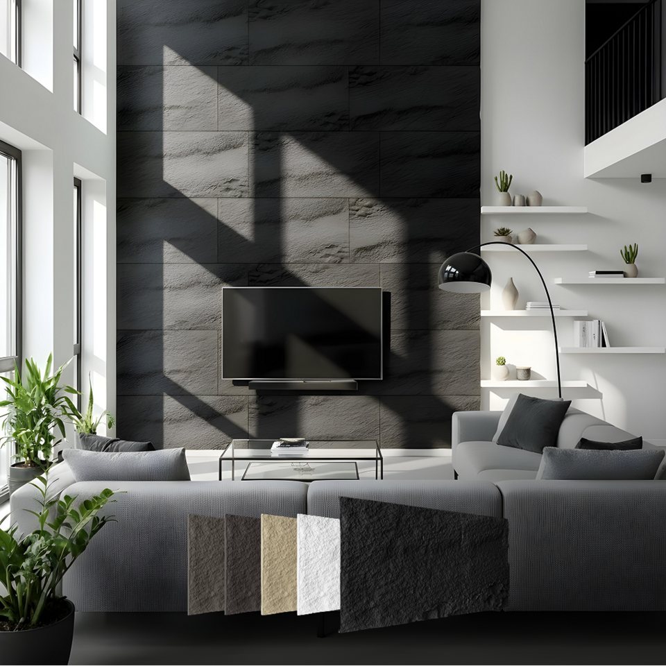 Hexim Wandpaneel, (Steinoptik Felsen Platten 120x60cm PU Wandverkleidung 0,73qm 3D Paneele Bruchstein Stone Dekor Wandpaneele Wanddeko Steinplatte Felswand Wohnzimmer Innenwand grau (A002-04 Grey) von Hexim