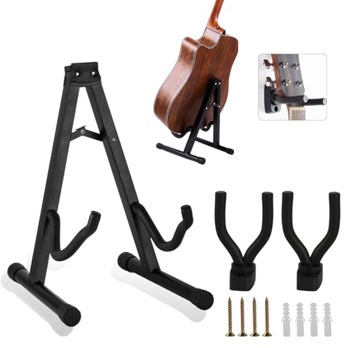 HexinYigjly Gitarrenständer & 2 Gitarren Wandhalterung, Universal Klappbarer A Frame Gitarrenständer für Akustikgitarre E-Gitarre Bass Cello Guitar Stand, mit Rutschfestem Gummi, mit Reinigungstuch von HexinYigjly