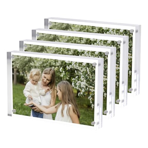 Hexsonhoma Acryl 10x15cm Bilderrahmen 4 Packung, Magnetische Bildbild Anzeigerahmen 15x10, Doppelseitige rahmenlose Schreibtisch Bilderrahmen für Büro, UV-Schutz von Hexsonhoma