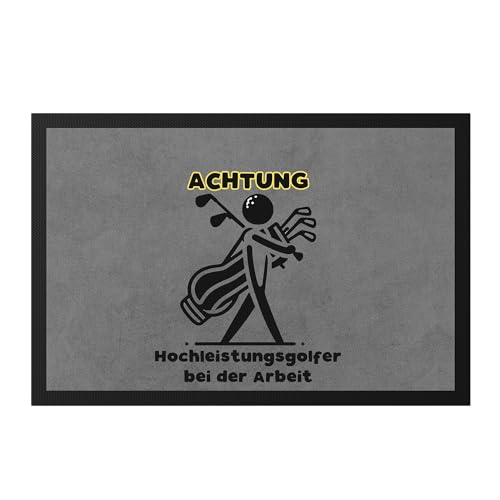 Hey!Print Achtung Hochleistungsgolfer bei der Arbeit Silhouette Golfbag Fußmatte - Humorvolles Golf Geschenk von Hey!Print