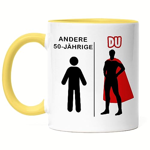 Hey!Print Andere 50-Jährige Du Tasse Gelb Geburtstagsgeschenk zum 50. Lustige Geschenkidee Superheld von Hey!Print