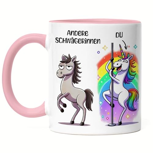 Hey!Print Andere Schwägerinnen Du Tasse Rosa Geschenk Schwägerin Einhorn lustig bunt originell frech Familie von Hey!Print