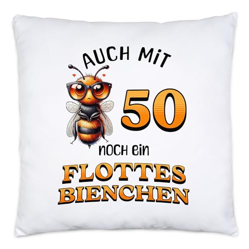Hey!Print Auch mit 50 noch EIN flottes Bienchen Kissen 50. Geburtstag Frau Biene von Hey!Print