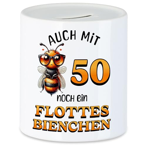 Hey!Print Auch mit 50 noch EIN flottes Bienchen Spardose 50. Geburtstag Frau Biene von Hey!Print