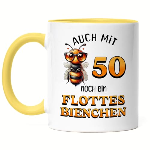 Hey!Print Auch mit 50 noch ein flottes Bienchen Tasse gelb 50. Geburtstag Frau Biene von Hey!Print