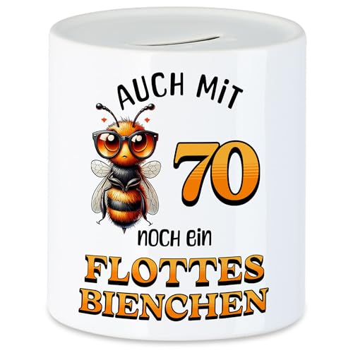 Hey!Print Auch mit 70 noch EIN flottes Bienchen Spardose 70. Geburtstag Frau Biene von Hey!Print