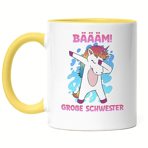 Hey!Print Bäääm Große Schwester Tasse Gelb Einhorn Schwangerschaft Ankündigung Babyparty Babyshower Geschwister von Hey!Print