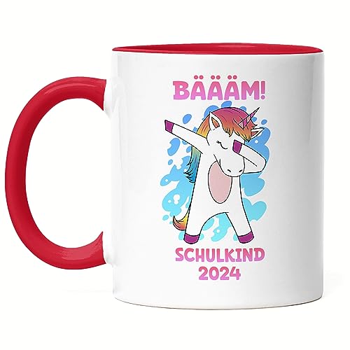 Hey!Print Bäääm Schulkind 2024 Tasse Rot Einschulungsgeschenk Einhorn Unicorn Schulstart Grundschule von Hey!Print