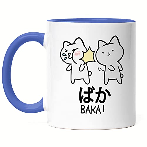 Hey!Print Baka Anime Tasse Blau Lustiges Baka Katze Ohrfeige Cat Otaku Manga von Hey!Print
