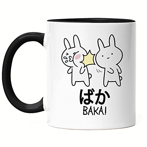 Hey!Print Baka Anime Tasse Schwarz Lustiges Baka Hasen Ohrfeige Rabbit Otaku Manga von Hey!Print