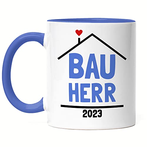 Hey!Print Bauherr 2023 Tasse Blau Hausbau Richtfest Häuslebauer Geschenk Einzug Eigenheim Spruch Lustig von Hey!Print