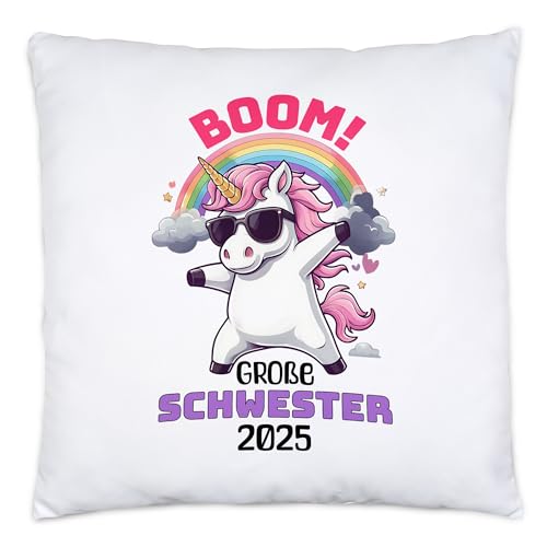 Hey!Print Boom Große Schwester 2025 Kissen Geschenk Einhorn Geschwister Geburt Überraschung Freude Party von Hey!Print