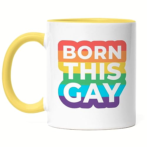 Hey!Print Born this Gay Tasse LGBT Lustig Gay Rainbow LGBTQ Pride Queer Homosexuell CSD Pride Week Tasse Gelb von Hey!Print