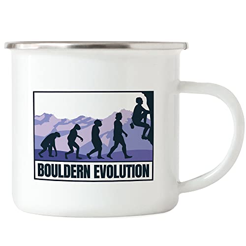 Hey!Print Bouldern Evolution Emaille Tasse Klettern Sport Freizeit Hügel Felsen Höhe Gipfel Kletterschuhe Kletterer Berge Climb von Hey!Print