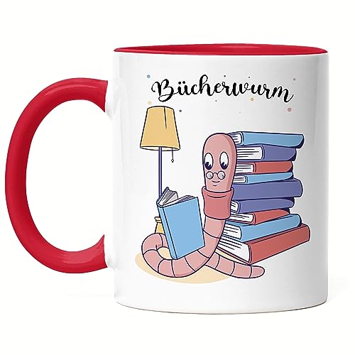 Hey!Print Bücherwurm Tasse Rot Bücher lesen Buch lustiges Motiv Lesen macht Spaß Buch Buchliebe Buchliebhaber von Hey!Print