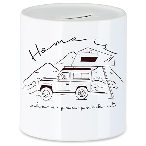 Hey!Print Camping Spardose mit Spruch Home is Where You Park it Geschenkidee für Camper Camping-Fans Wohnmobil Geländewagen Dachzelt von Hey!Print